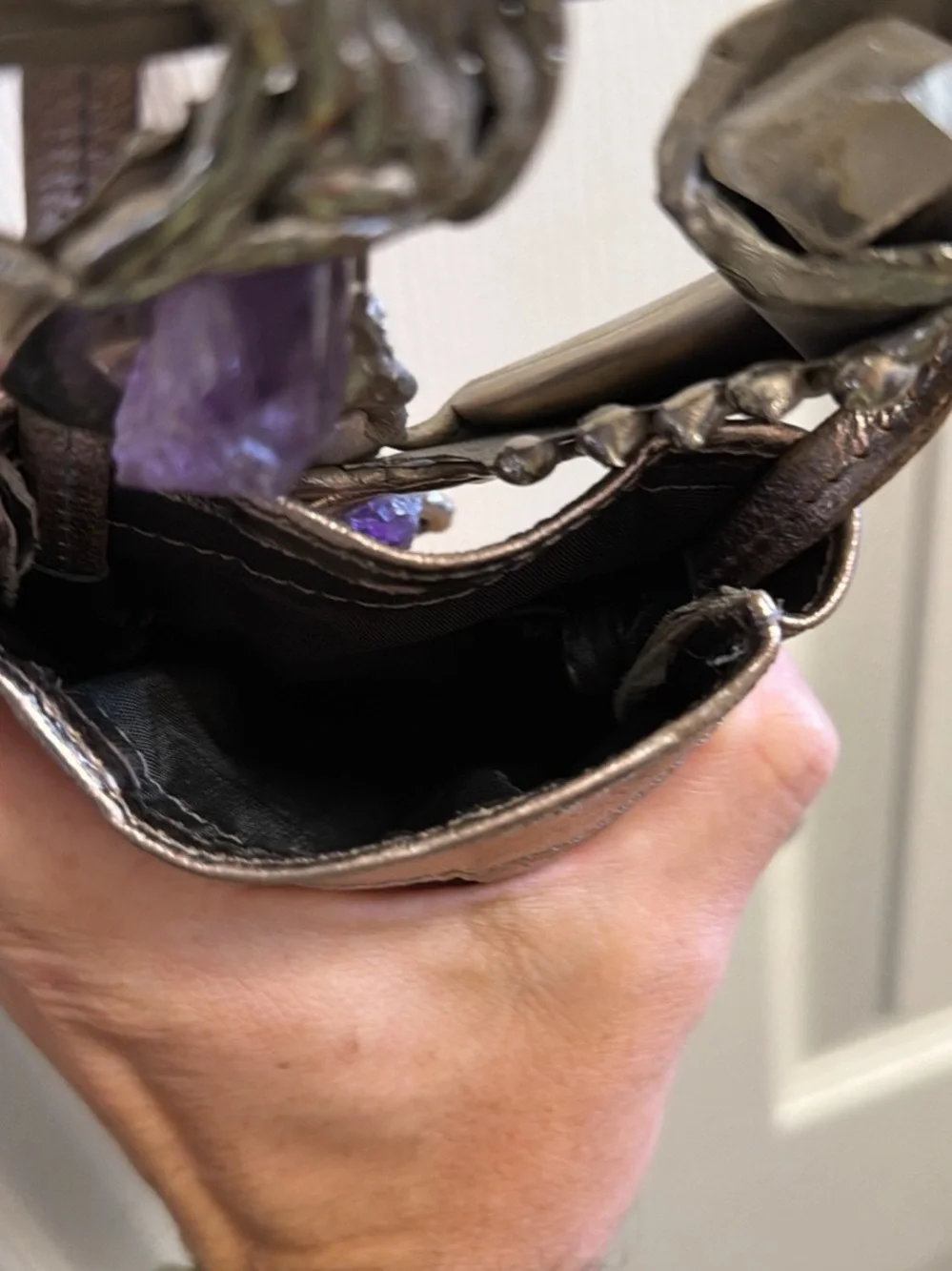 Metallic Bronze Crossbody Bag with Silver Sculptural Accent and Amethyst Details